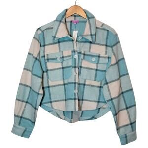 Mi ami Francesca Cropped Plaid Shacket Blue Cream Fall Winter Layering Jacket L